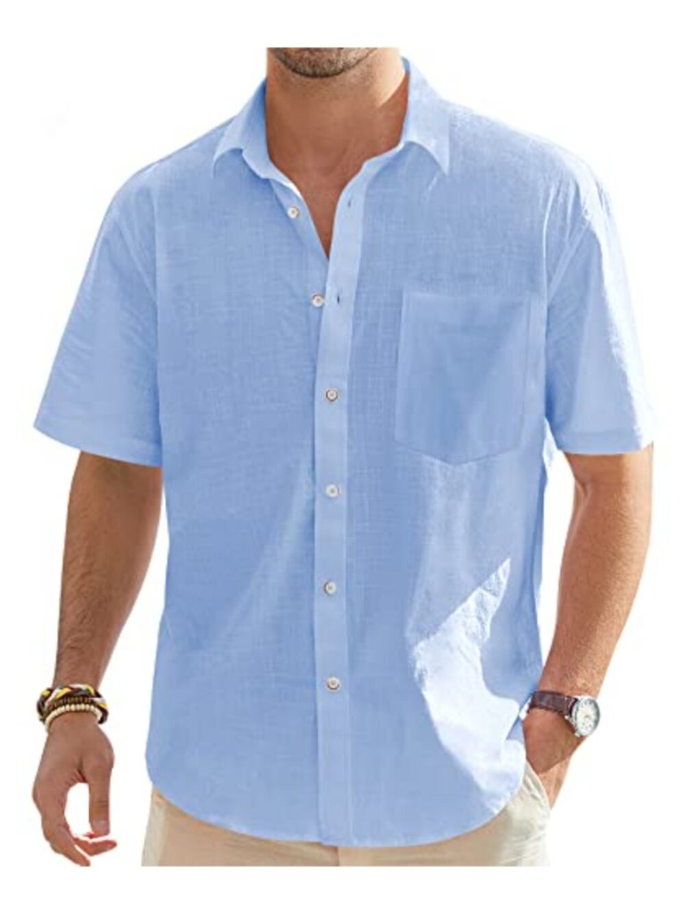 Men's Linen Short Sleeve Button Down Shirt Casual Lightweight with Pocket